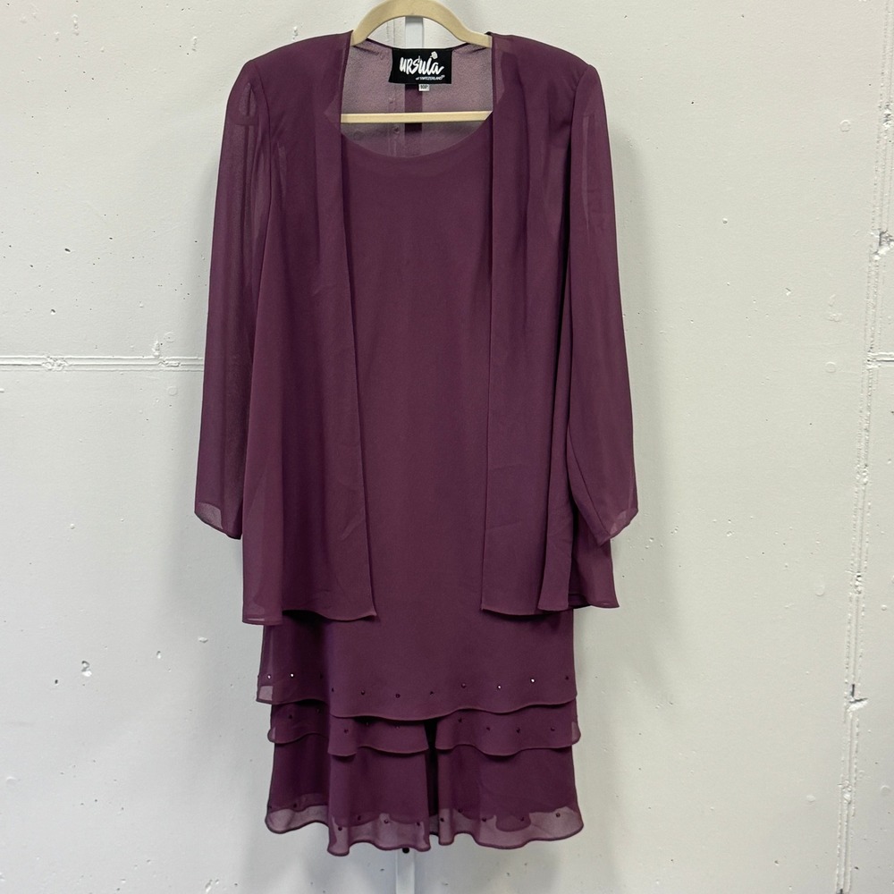 Ursula of Switzerland Plum Purple 2 Piece Dress & Jacket Set Studded Tiered 10P